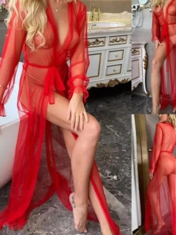 V-Neck See-Through Mesh Robe